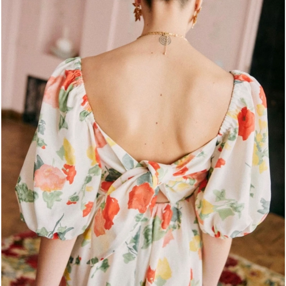 Sezane 4 Carlotta Linen Puff Sleeve Maxi Dress $450 Floral Poppy Square Neck 36 - Picture 6 of 13